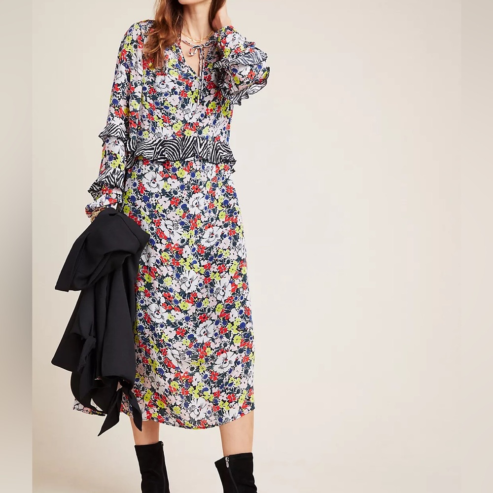 Lily and Lionel X Anthropologie Rina Multicolor Floral Zebra Boho Midi Dress‎